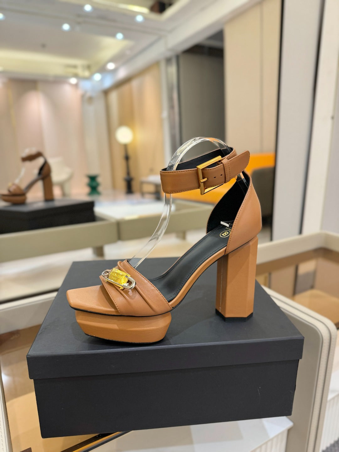 BALMAIN 25S WEDGE HEELS 100MM IN BROWN CALFSKIN