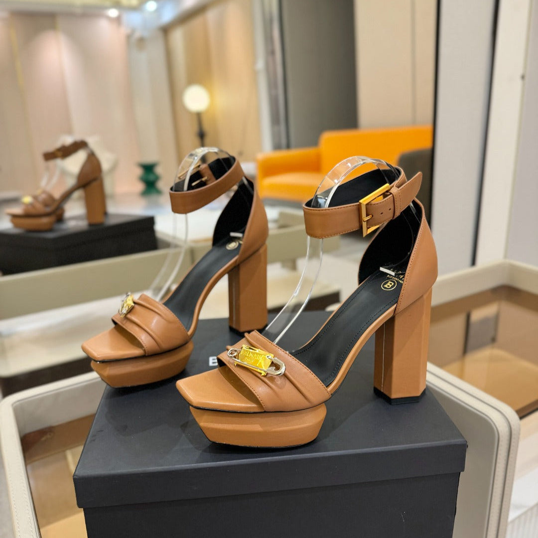 BALMAIN 25S WEDGE HEELS 100MM IN BROWN CALFSKIN