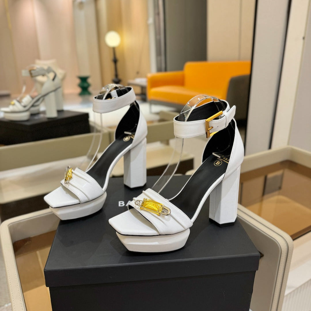 BALMAIN 25S WEDGE HEELS 100MM IN WHITE CALFSKIN