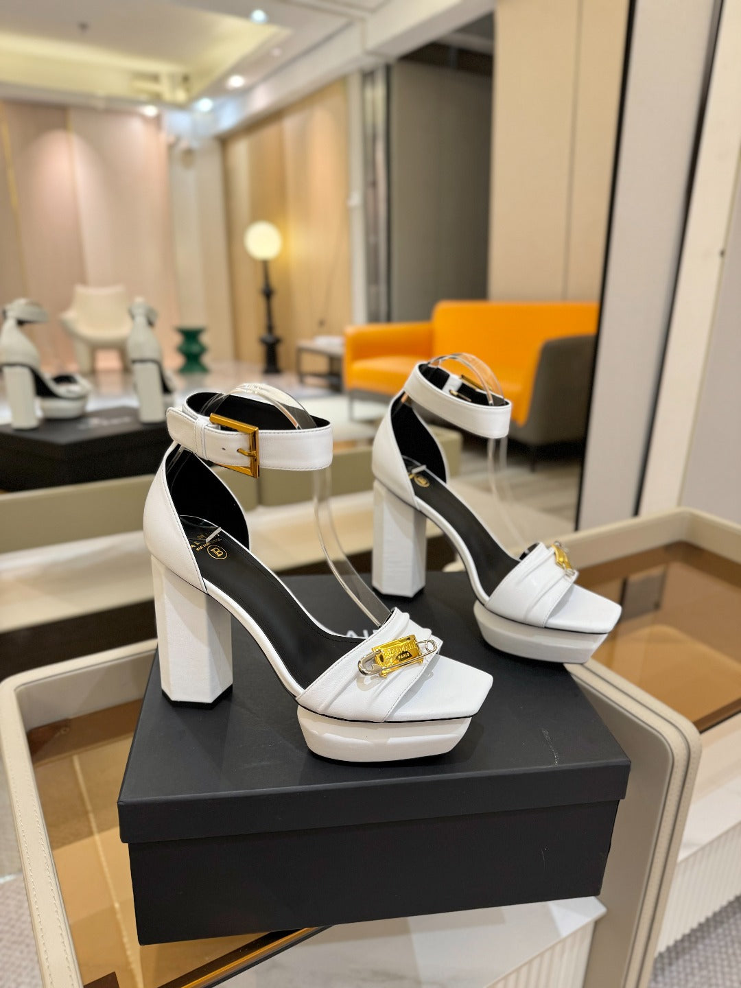 BALMAIN 25S WEDGE HEELS 100MM IN WHITE CALFSKIN