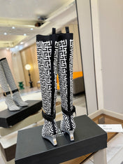 BALMAIN 26S HIGH-TOP BOOTS 75 MM IN BLACK AND WHITE FLYKNIT
