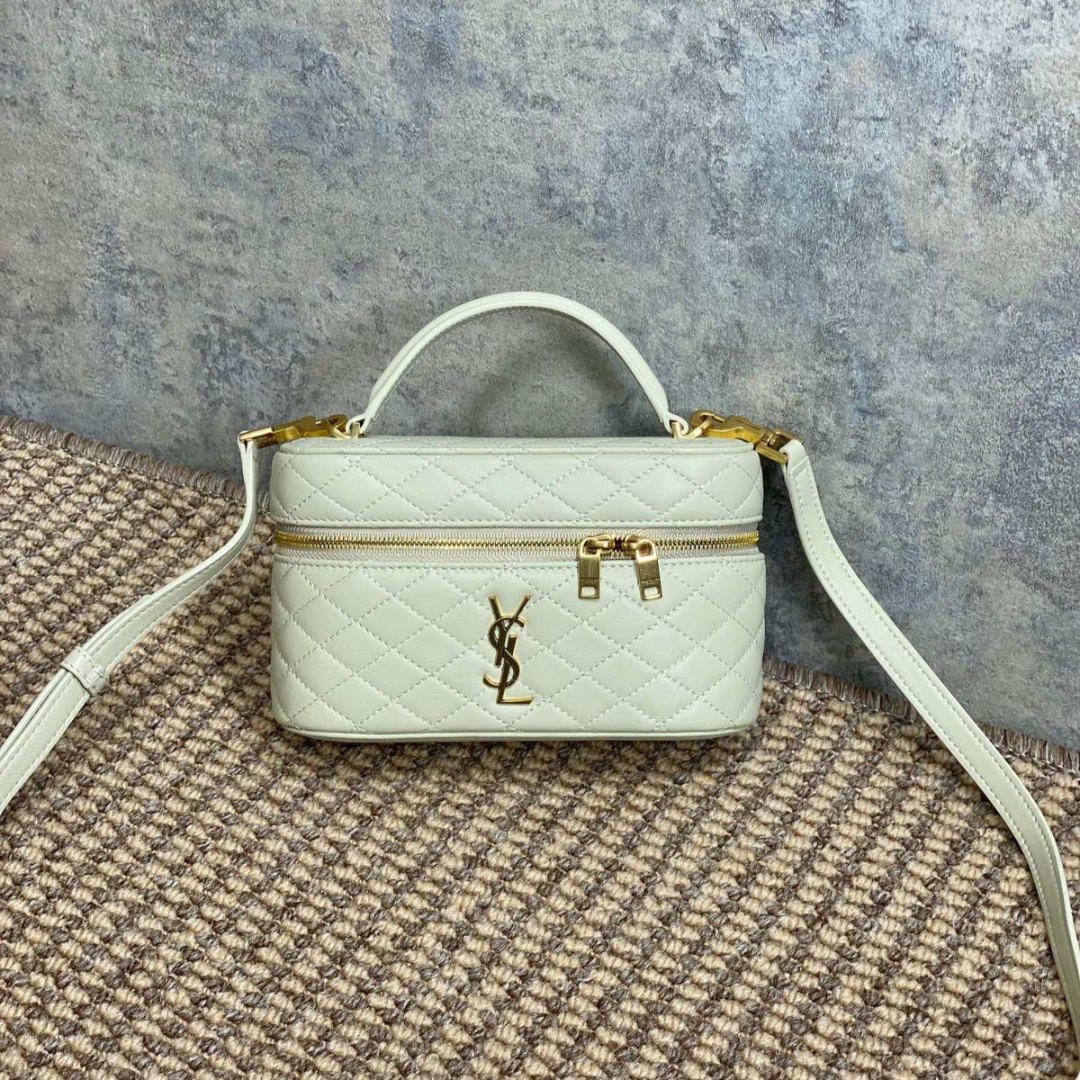 GABY MINI VANITY 18 IN IVORY WHITE LAMBSKIN GOLD HARDWARE