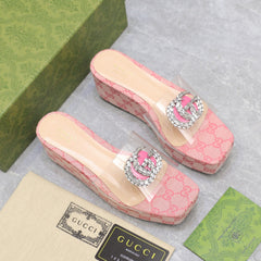 HIGH WEDGE PLATFORM IN LIGHT PINK CANVAS WITH DOUBLE CRYSTAL G BUCKLE