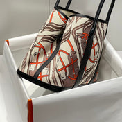 GARDEN PARTY 36 IN BEIGE ORANGE AND BROWN TOILE H CANVAS BLACK CALFSKIN HORSE TOTEM PRINT