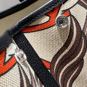 GARDEN PARTY 36 IN BEIGE ORANGE AND BROWN TOILE H CANVAS BLACK CALFSKIN HORSE TOTEM PRINT