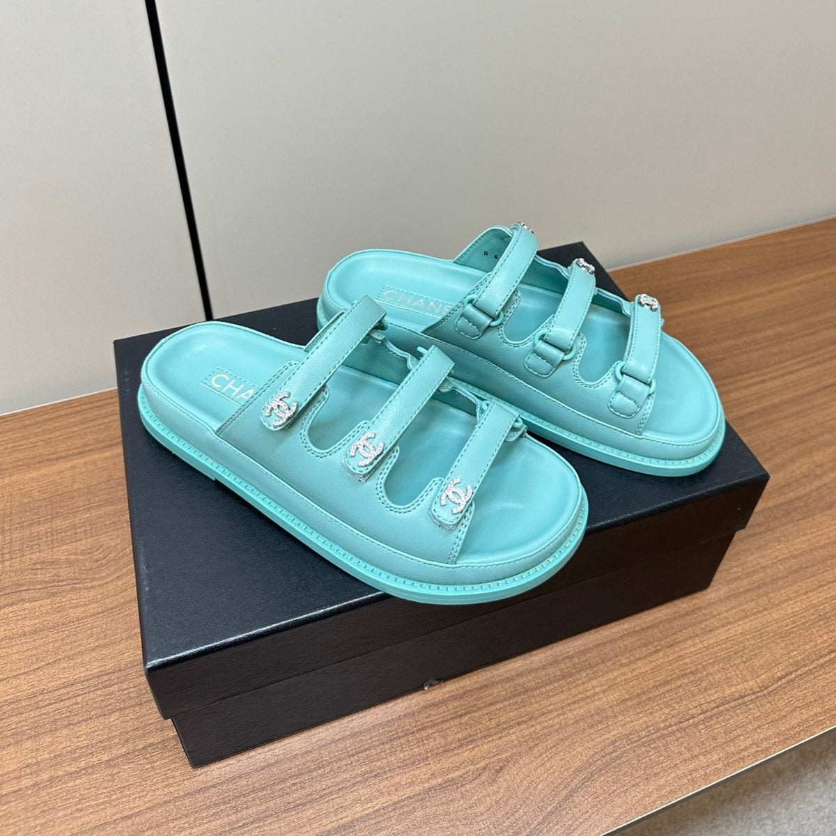 dad sandals skye blue 3 rows lambskin mules