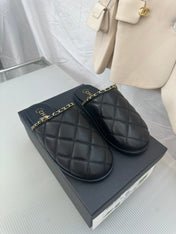 CC Black Lambskin Gold Chain Mules