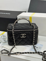 MINI VANITY TOP HANDLE CASE 17 IN BLACK CAVIAR SKIN SILVER-TONE PLATED METAL