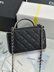 MINI VANITY TOP HANDLE CASE 17 IN BLACK CAVIAR SKIN SILVER-TONE PLATED METAL