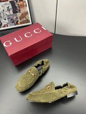 GUCCI 26S LOAFERS IN MOSS GREEN SUEDE WITH GOLD HARDWARE