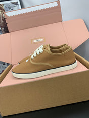 MIUMIU 26S LACE UP SNEAKERS IN CARAMEL BROWN CANVAS RUBBER SOLE