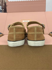 MIUMIU 26S MARY JANE FLATS IN CARAMEL BROWN CANVAS LOGO