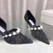 JIMMY CHOO 26S HIGH HEELS 65 MM IN BLACK LACE PEARL-EMBELLISHED