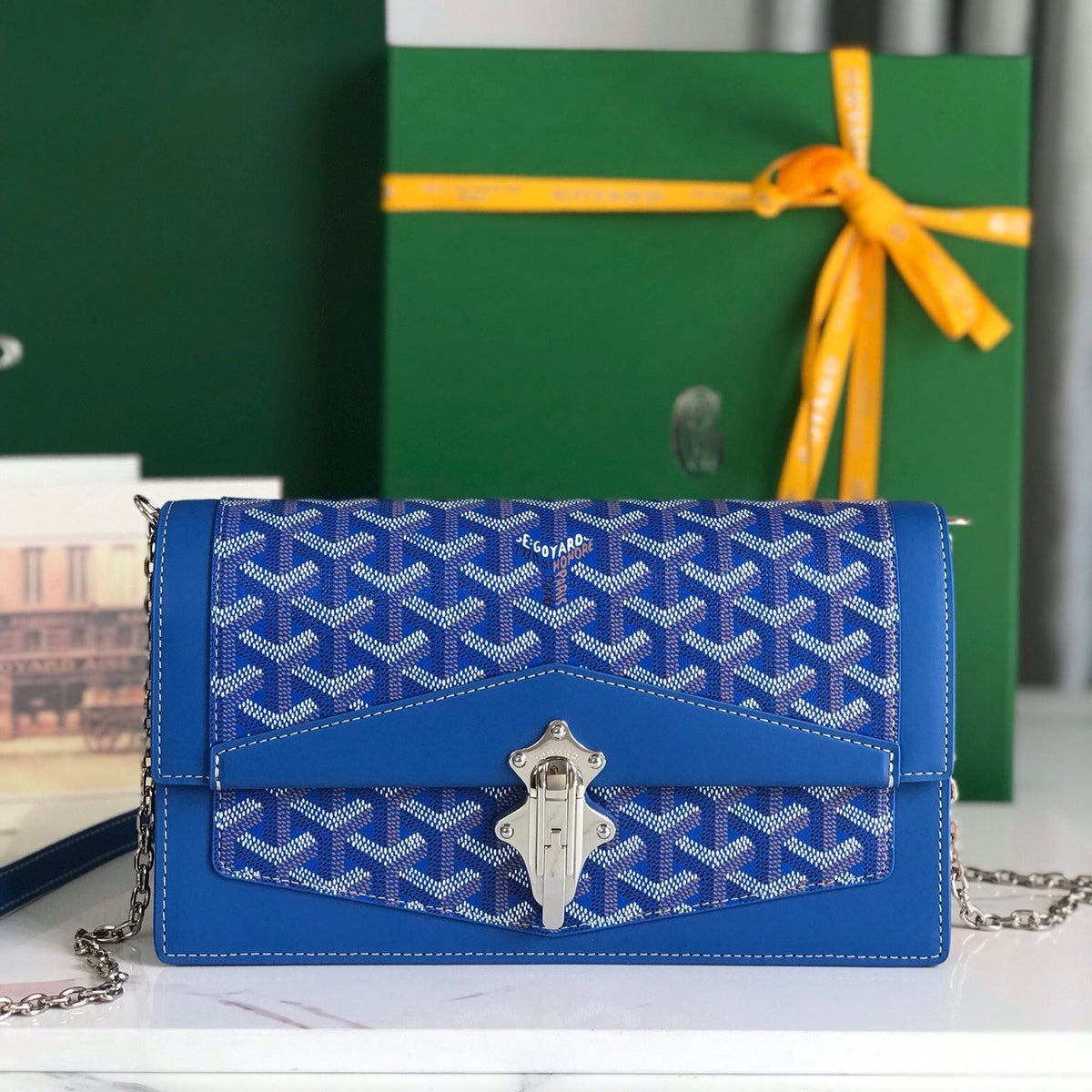 DUCHESSE MARIE-CAROLINE BAG 25 IN SAPPHIRE BLUE GOYARDINE CANVAS AND SMOOTH CALFSKIN