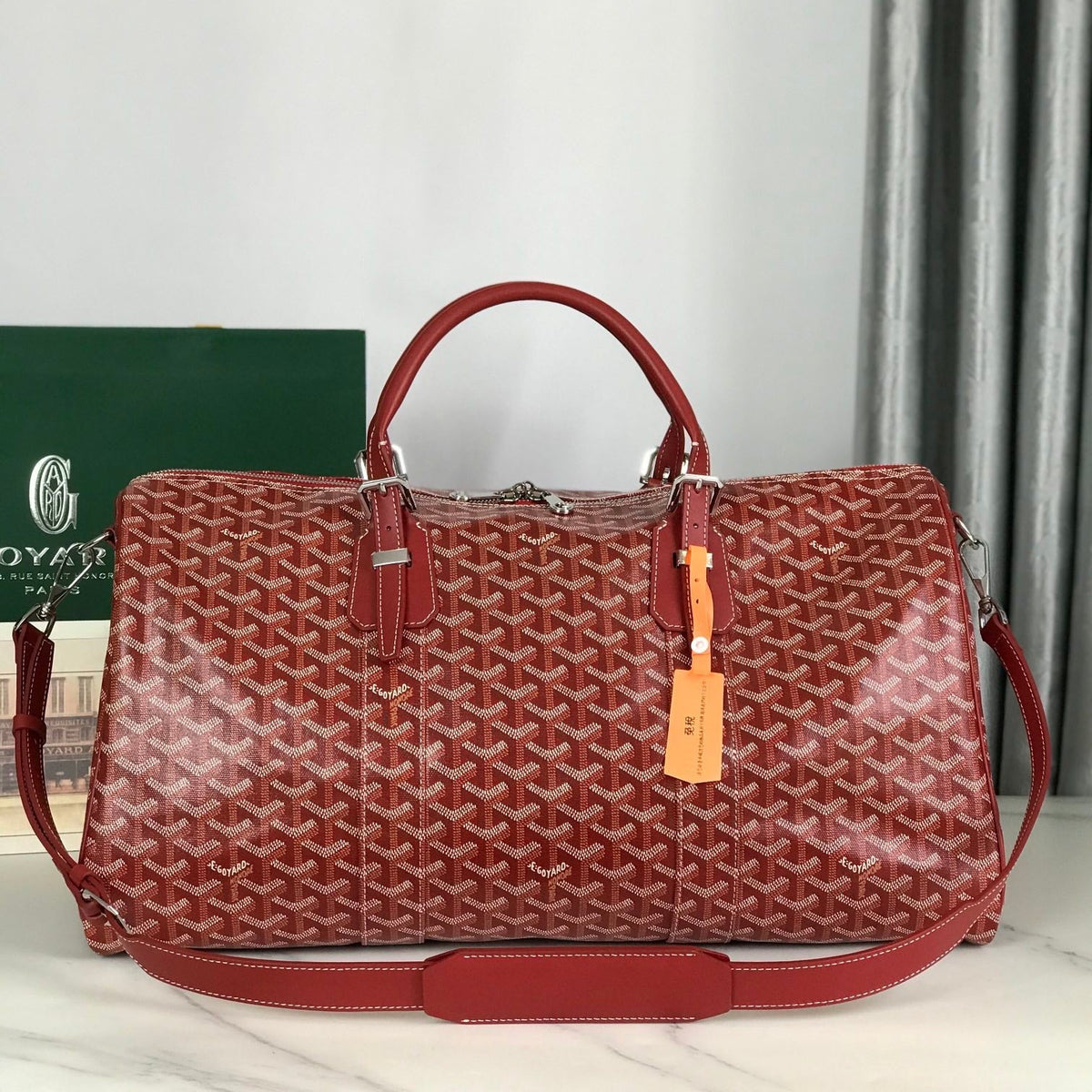 BOSTON 50 BAG IN RED GOYARDINE CANVAS AND CALFSKIN TRIM