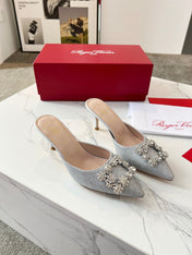 EFFLORESCENCE MULES IN SILVER SATIN EMBELLISHED GLITTER