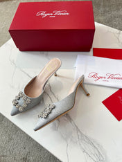 EFFLORESCENCE MULES IN SILVER SATIN EMBELLISHED GLITTER