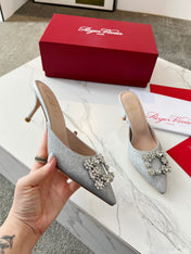 EFFLORESCENCE MULES IN SILVER SATIN EMBELLISHED GLITTER