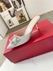 EFFLORESCENCE MULES IN SILVER SATIN EMBELLISHED GLITTER