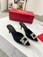 EFFLORESCENCE MULES IN BLACK SATIN
