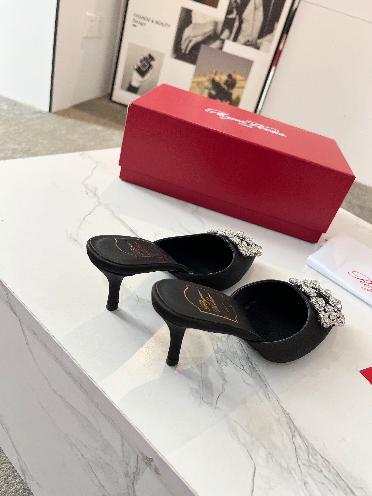 EFFLORESCENCE MULES IN BLACK SATIN