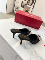 EFFLORESCENCE MULES IN BLACK SATIN