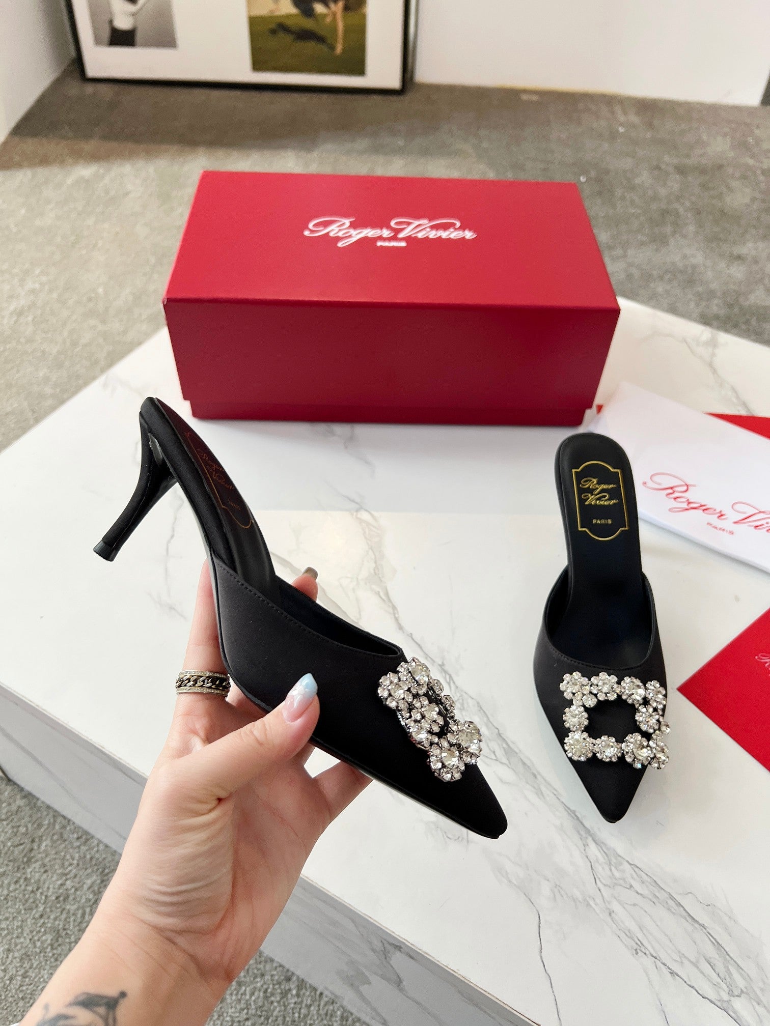 EFFLORESCENCE MULES IN BLACK SATIN