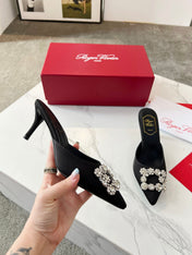 EFFLORESCENCE MULES IN BLACK SATIN