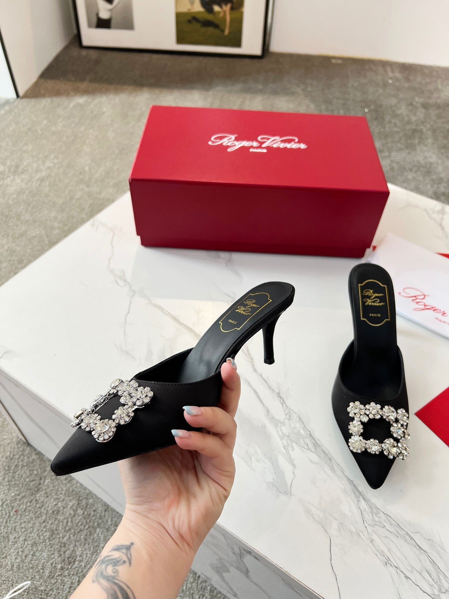 EFFLORESCENCE MULES IN BLACK SATIN