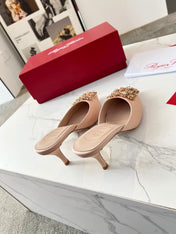 EFFLORESCENCE MULES IN LIGHT FAWN SATIN