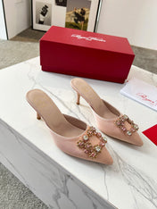 EFFLORESCENCE MULES IN LIGHT FAWN SATIN