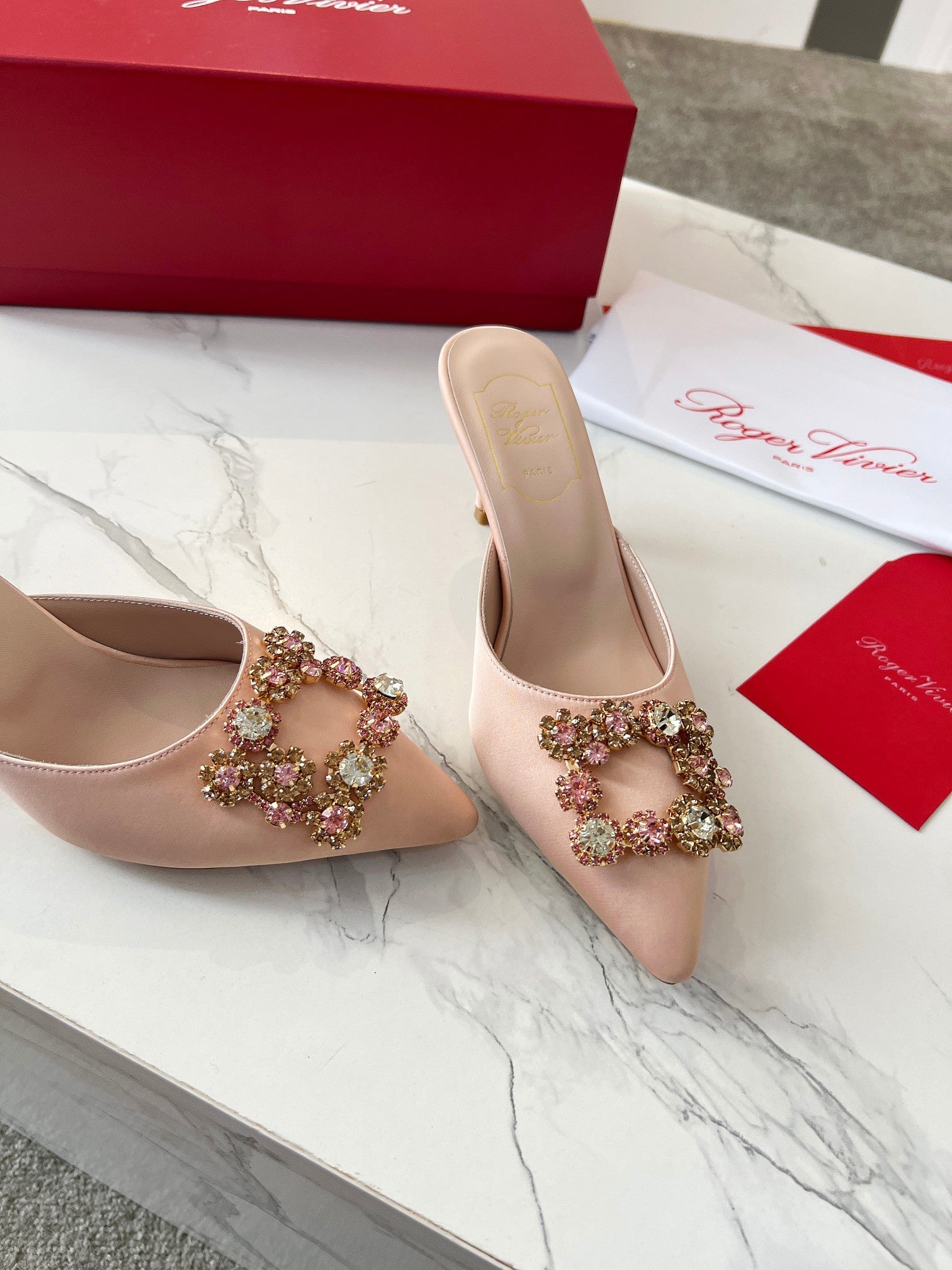 EFFLORESCENCE MULES IN LIGHT FAWN SATIN