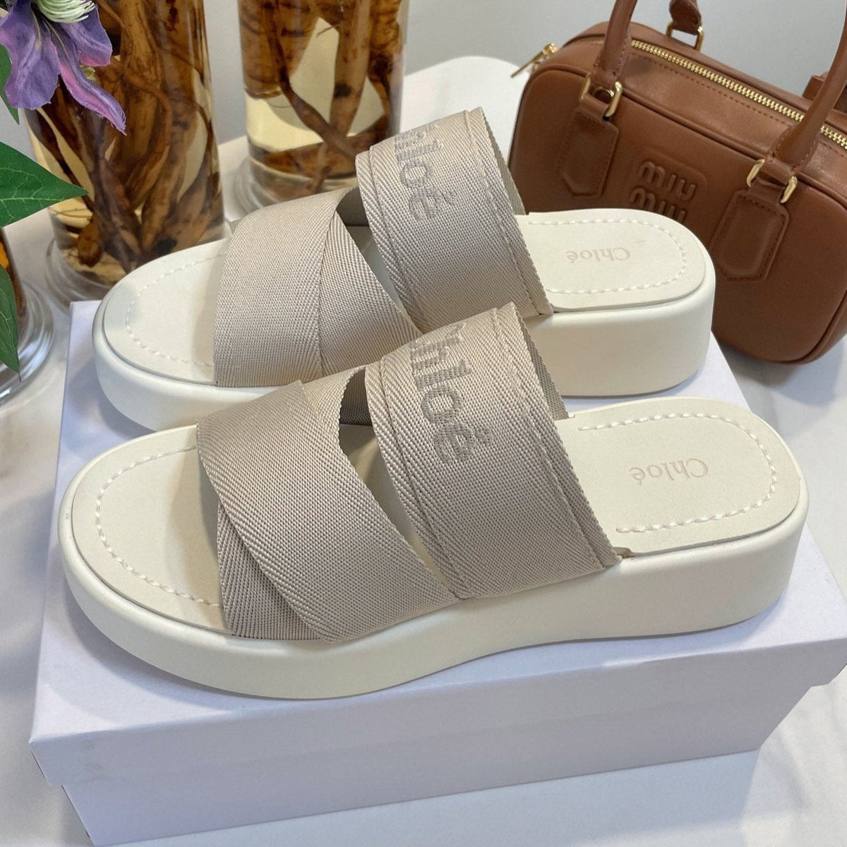WOODY WEDGE SANDALS IN DOVE GREY CANVAS WITH WHITE RUBBER SOLE