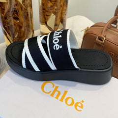 WOODY WEDGE SANDALS IN BLACK MIX WHITE CANVAS WITH RUBBER SOLE