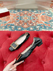 BELLE VIVIER BALLERINAS IN BLACK SHINY LAMBSKIN GOLD PATENT SQUARE BUCKLE