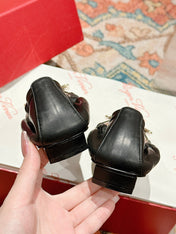 BELLE VIVIER BALLERINAS IN BLACK SHINY LAMBSKIN GOLD PATENT SQUARE BUCKLE