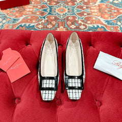 TROMPETTE BALLERINAS IN WHITE TWEED WITH BLACK STRIPES