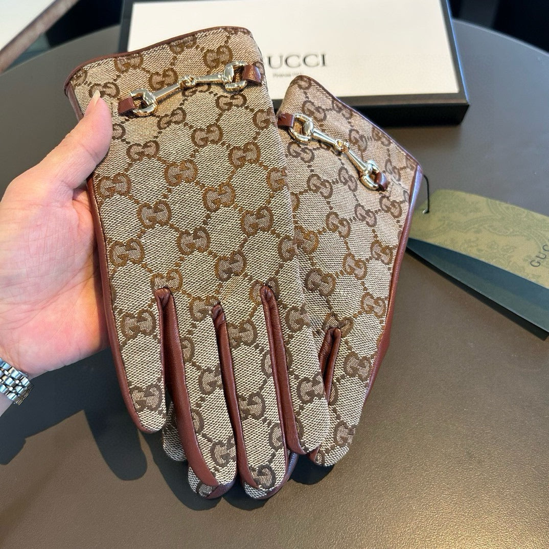 HORSEBIT GLOVES IN BEIGE MONOGRAM JACQUARD FABRIC MIX RED BROWN SHEEPSKIN 456332