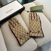 HORSEBIT GLOVES IN BEIGE MONOGRAM JACQUARD FABRIC MIX MERLOT RED SHEEPSKIN 456334