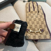 HORSEBIT GLOVES IN BEIGE MONOGRAM JACQUARD FABRIC MIX MERLOT RED SHEEPSKIN 456334