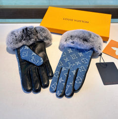 FINGERLESS GLOVES IN ELECTRIC BLUE MONOGRAM DENIM AND LAMBSKIN WITH RABBIT FUR 458591