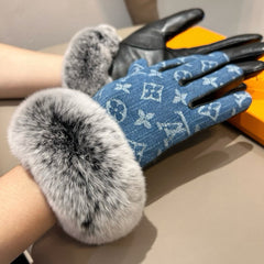 FINGERLESS GLOVES IN ELECTRIC BLUE MONOGRAM DENIM AND LAMBSKIN WITH RABBIT FUR 458591