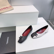 CHANEL 26S SQUARE-TOE FLATS IN BLACK AND WHITE LAMBSKIN