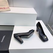 CHANEL 26S SQUARE-TOE HIGH HEELS 95 MM IN BLACK LAMBSKIN
