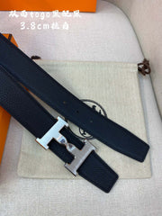 HM H BELT BUCKLE & REVERSIBLE BLACK LEATHER STRAP 38MM SILVER HARDWARE