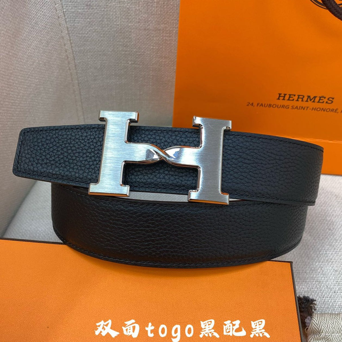 HM H BELT BUCKLE & REVERSIBLE BLACK LEATHER STRAP 38MM SILVER HARDWARE