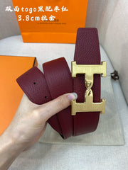 HM H BELT BUCKLE & REVERSIBLE WINE RED AND BLACK STRAP 38MM GOLD HARDWARE