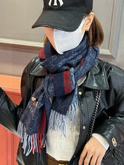 SCARF 180 CM IN NAVY BLUE CASHMERE WITH BEE PATTERN 396476