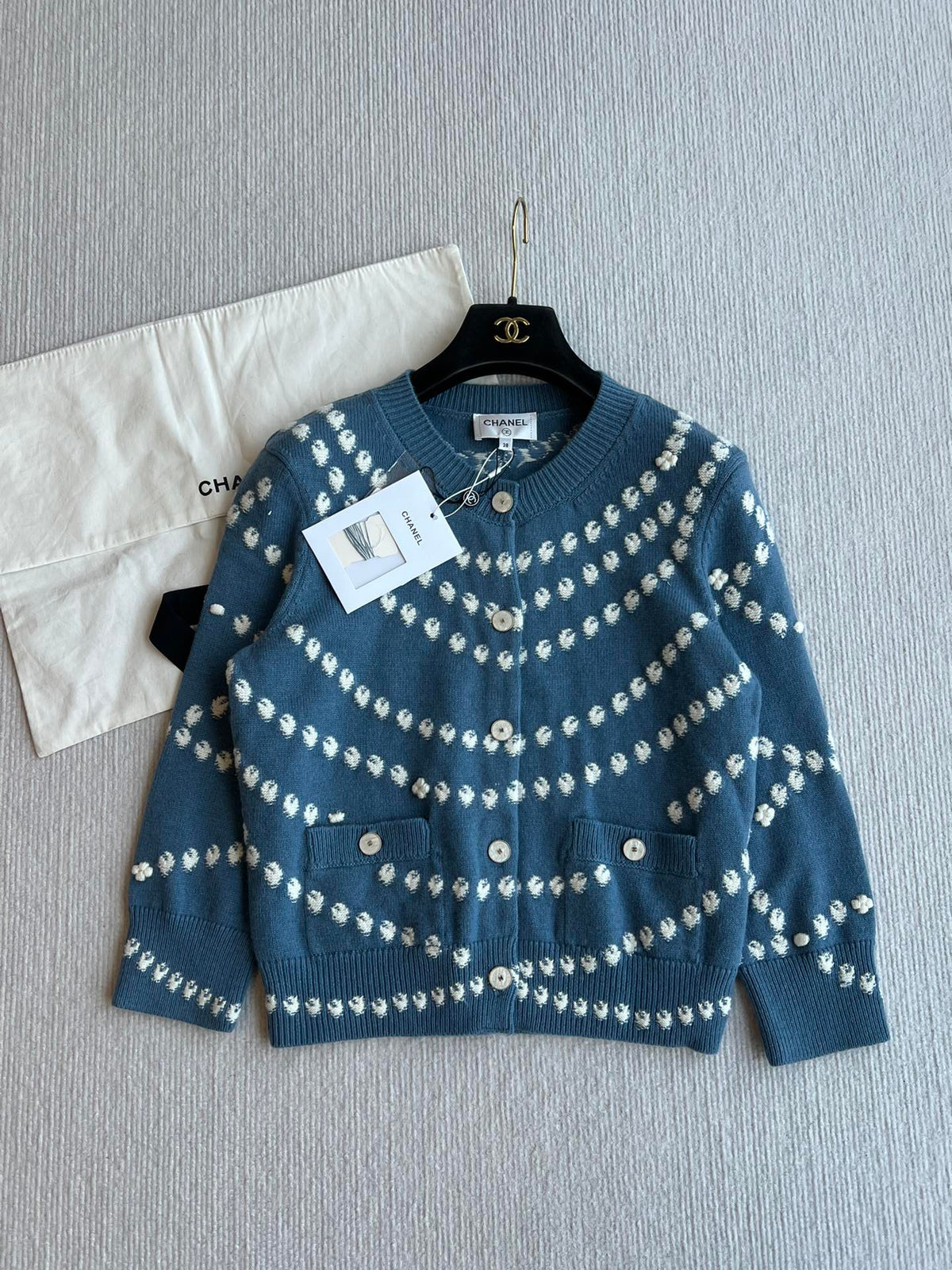 Chanel 25P Cardigan Dark Blue Mix White Cashmere 229517