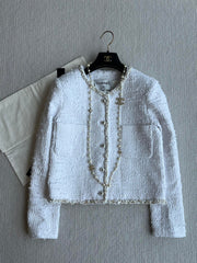 Chanel 25P Cardigan White Tweed With Pearl 234889